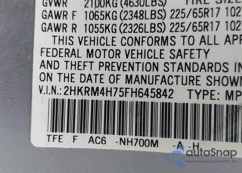 2015 Honda Cr-V Ex-L from USA, damaged, VIN 2HKRM4H75FH645842
